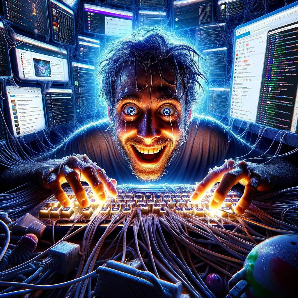 Close-up of Joe, looking ecstatic and slightly crazed, surrounded by wires and a glowing keyboard, with multiple browser tabs open, highlighting the chaotic world of streaming.