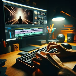 Close-up of hands working on a streaming editing interface, with a 'Mr_Joe_Gamer' branded mug on the desk, highlighting the detailed work behind streaming overlays and scenes.