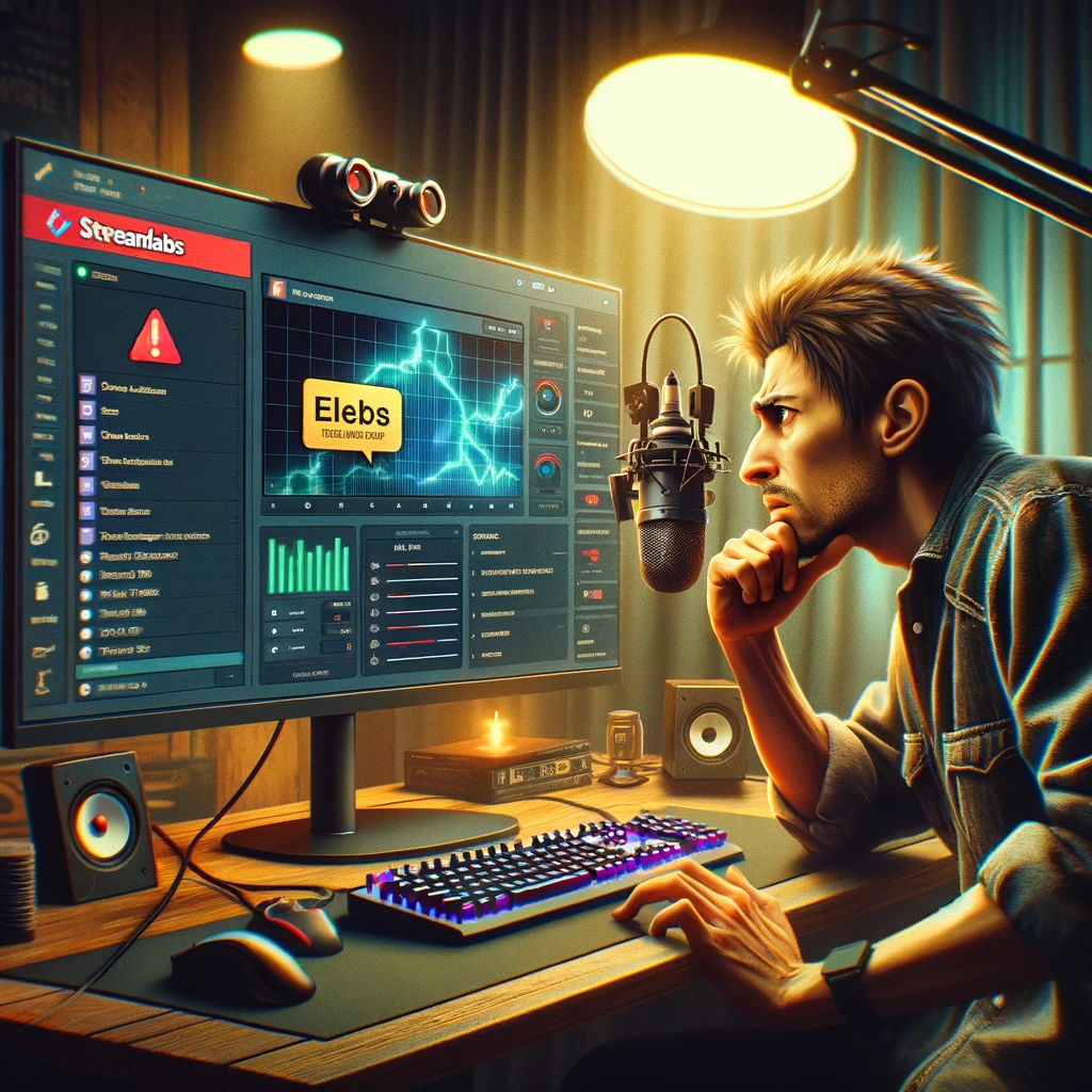 Streamer using Streamlabs or Twitch Studio, looking uncertain as they tackle on-screen issues, with their streaming setup visible in the background, reflecting the challenges of live content creation.