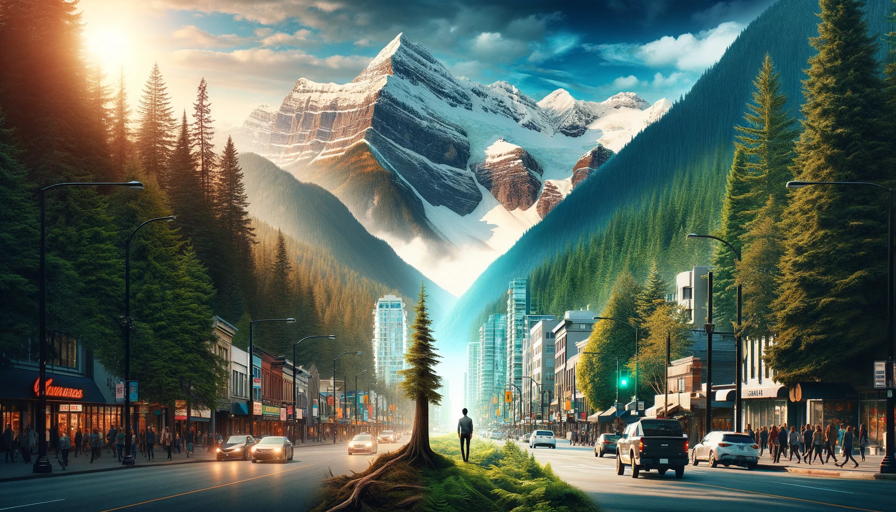 Image blending a scenic mountain view with a crowded Vancouver street, featuring 'Joe' in a contemplative pose by a tree, symbolizing the transition from urban to natural environments.