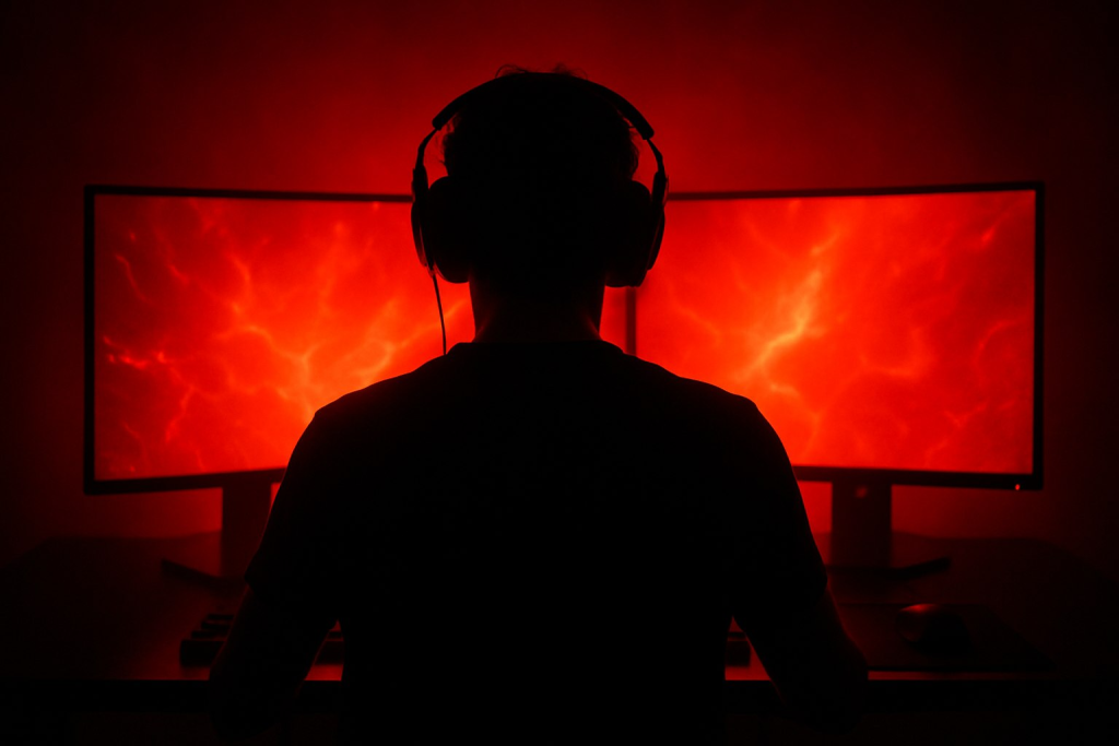 Silhouette of gamer at computer with red glow