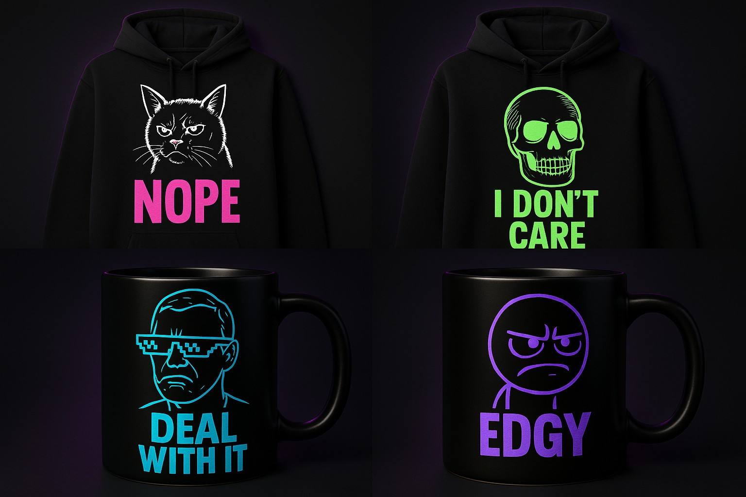 Edgy meme merch mockups for Joe’s Loot