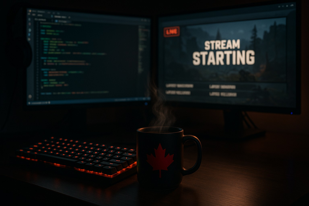 Mr. Joe Gamer's Desk setup with coffee, monitors, and gaming overlays