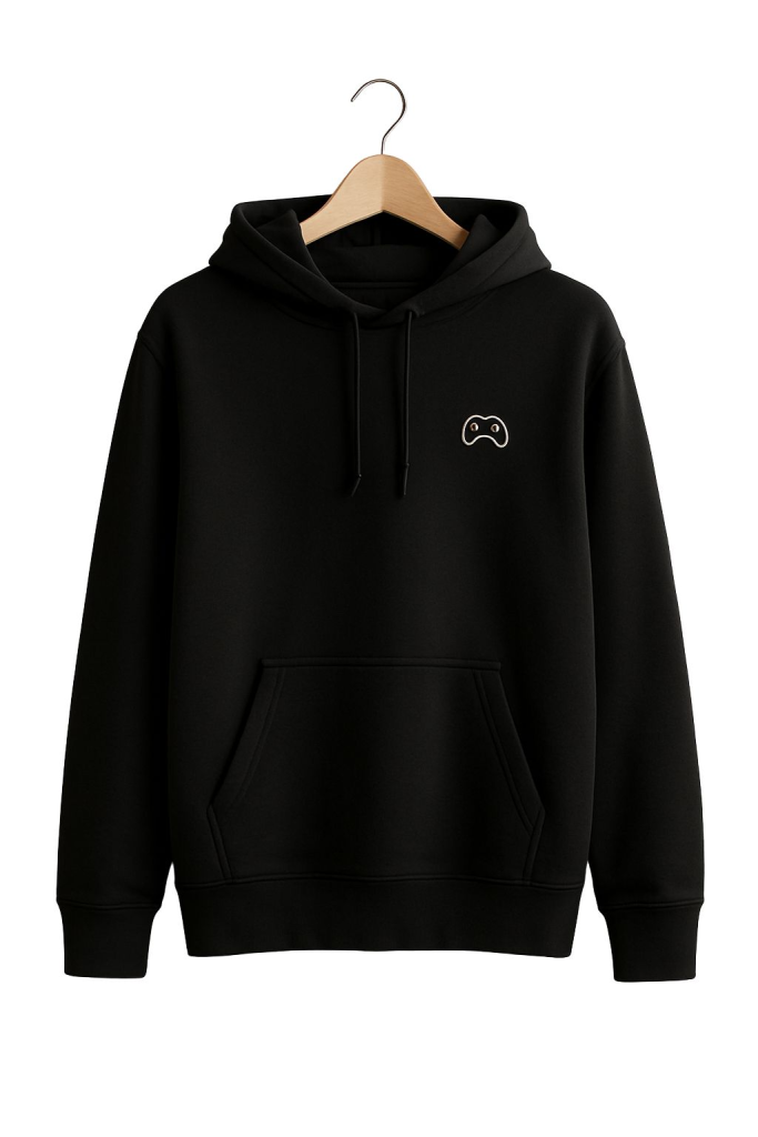 Black hoodie on a hanger with a subtle gamer logo
