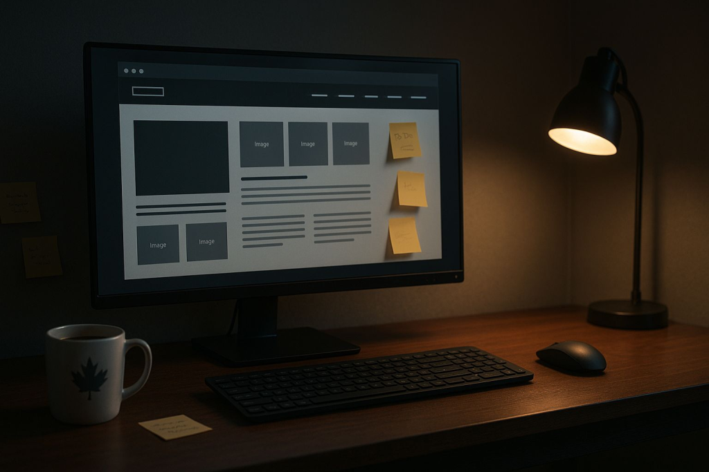 Minimalist night desk with a half finished website on the monitor, sticky notes, coffee mug with maple leaf, warm desk lamp